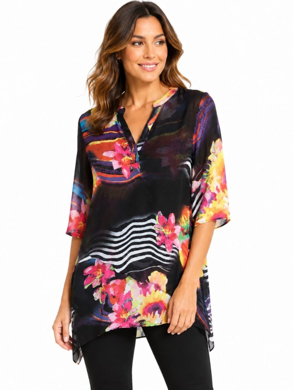 2/$30 Frank Lyman Design Sheer Floral Fold Up Sleeve Tunic Top Asymmetrical Sz S